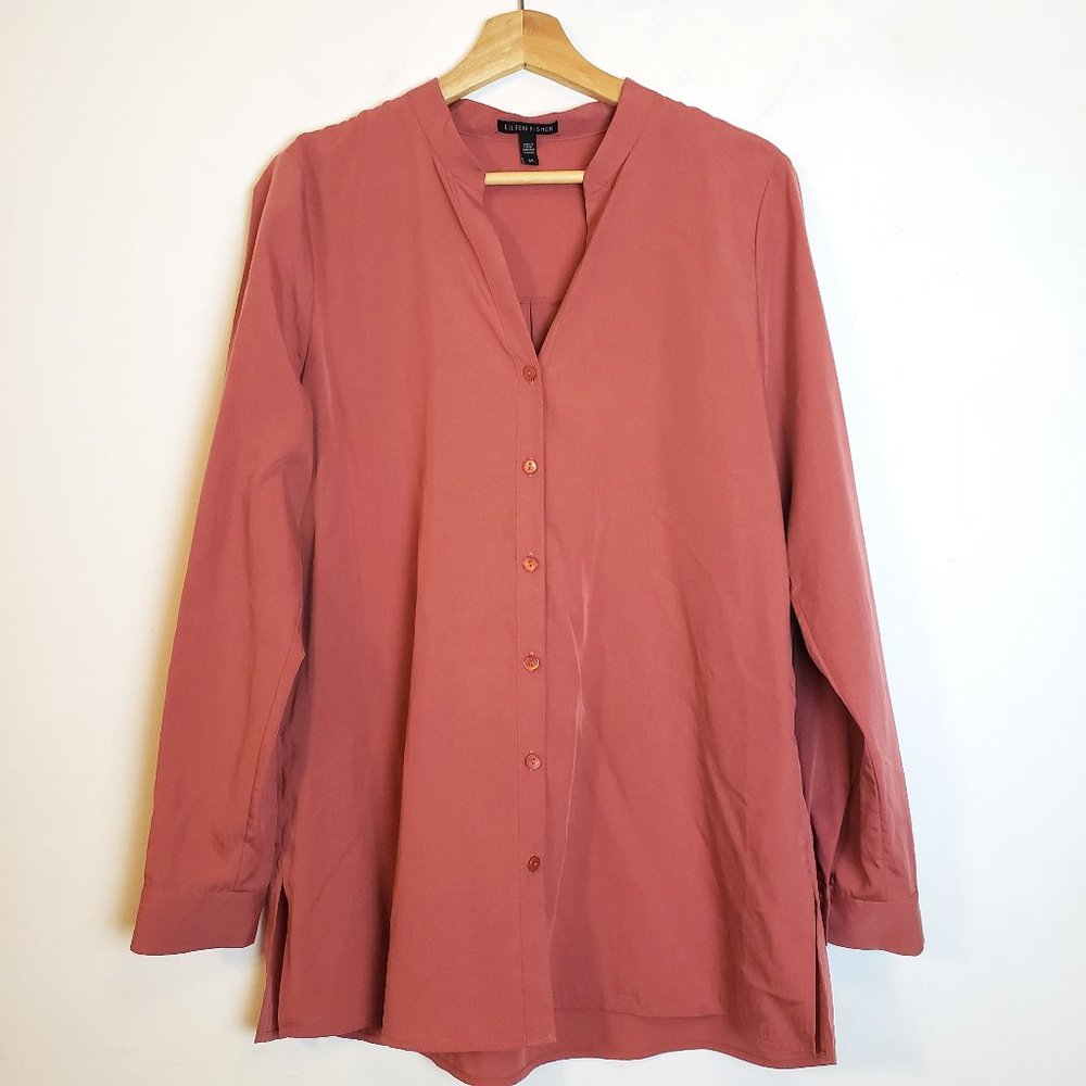 Eileen Fisher Tunic Shirt Chutney Sand Washed Tencel Split Band Collar Small